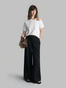 Ontre Women's Solid Color Asymmetric Collar Short Sleeve Casual T-Shirt, Summer