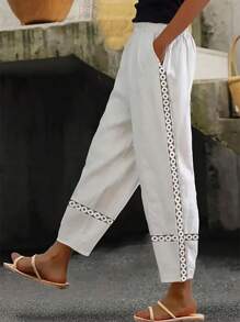 INAWLY Casual Vacation Solid Lace Patchwork Tapered Leg Pants - White - View 1