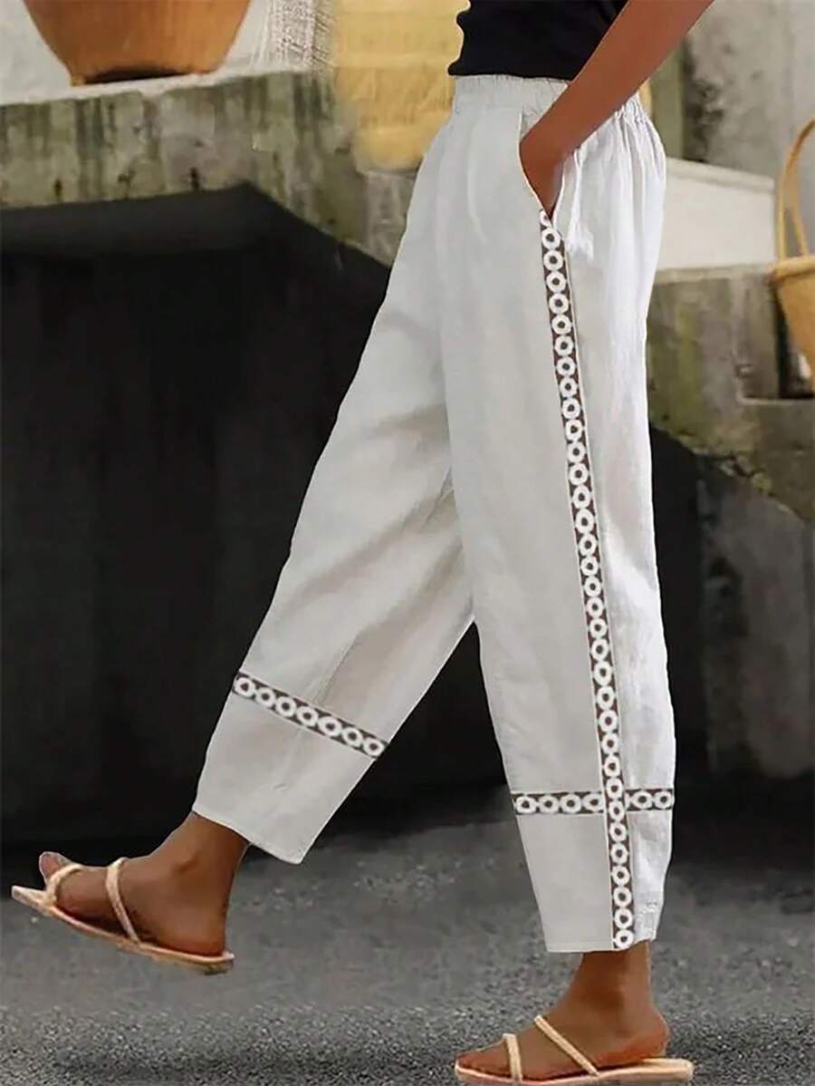 INAWLY Casual Vacation Solid Lace Patchwork Tapered Leg Pants - White - View 1