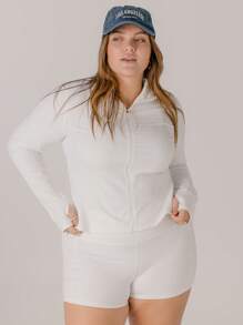 Aralina Curve Leisurewear Zip Front Long Sleeve Top And High Waist Biker Shorts Two Pieces Set - White - View 7
