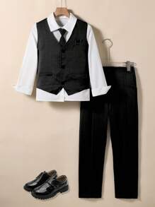SHEIN Set de 2 piezas de traje elegante para niños preadolescentes que incluye chaleco y pantalones, atuendo formal adecuado para fiestas de cumpleaños, bodas, aniversarios, bautizos y ocasiones formales