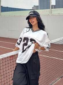 Muchica Women Aummer Graphic Number & Letter Print Basketball Jersey T-Shirt Top & Black Cargo Pocket Pants 2 Pieces Casual Streetwear Suit