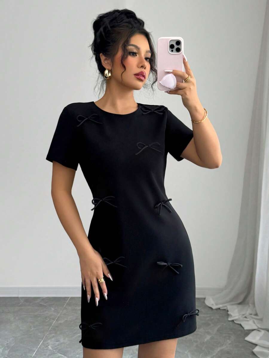 Elenzga Vestido mini casual con cuello redondo y mangas cortas, decoración de moño, color liso, adecuado para primavera/verano/otoño/invierno, ropa de mujer para conciertos, elegante, vestidos de noche, apropiado para uso diario, viaje al trabajo, temporada de bodas