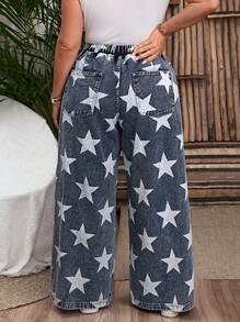 SHEIN LUNE Plus Size Front Tie Pocket Star Print Simple Casual Jeans - Light Wash - View 3