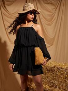 COSMINA Váy mini dự tiệc viền bèo nhún bằng vải chiffon đen thanh lịch dành cho nữ, Xuân/Hè - màu đen - Xem 1