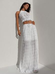 Firerie Set de 2 piezas para talla grande: Top de camiseta sin mangas de tela texturizada blanca y transparente con tirantes y falda larga holgada con opción de lazo y forro interior, elegante y apropiado para vacaciones, tardes de té, citas, conciertos, fiestas, estilo retro escolar, sesiones de fotos en la playa.