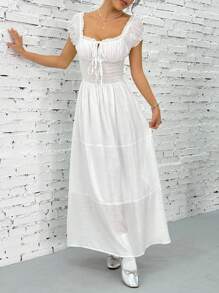 SHEIN EZwear Vestido largo casual de manga corta con corbata a la cintura para mujer, ideal para vacaciones