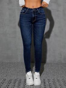 SHEIN PETITE Women's Casual Skinny Jeans With Pockets, Versatile - Dark Wash - View 4
