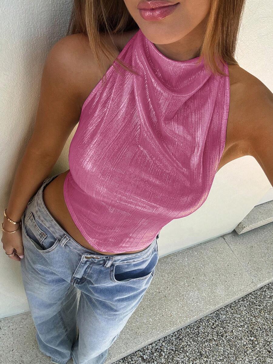 Aloruh Women's Solid Metallic Sleeveless Halter Tank Top - Pink - View 1