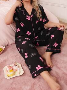 加大码女士字母蝴蝶结印花翻领撞色缝线上衣和裤子睡衣套装，圣诞节礼物