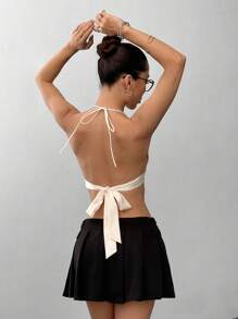 SHEIN Unity 女士休闲露背系带撞色吊带背心，百搭，适合日常穿着，春夏季 - 杏色 - 查看 3
