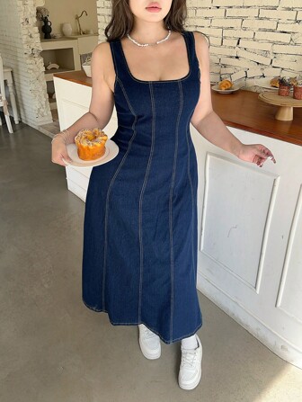 SHEIN MOD Women's Plus Size Dark Blue Denim Dress Stretch Denim Waist A-Skirt Design Spring And Summer Dresses Overall Dress