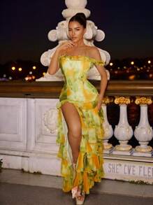 SHEIN SXY Sundress;Summer Cami Yellow &Green Tie-Dye Print Tiered Layer Ruffle Hem High Slit Multicolor Women's Dress