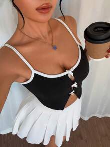 Chiquease Bow Decor Spaghetti Strap Solid Color Patchwork Casual Camisole - Black - View 3