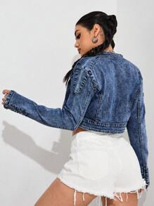 SHEIN EZwear Chaqueta de mezclilla corta con lavado retro para mujer - Azul lavado oscuro - Ver 3