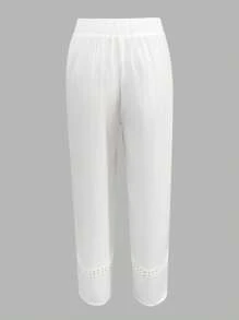 INAWLY Casual Vacation Solid Lace Patchwork Tapered Leg Pants - White - View 2