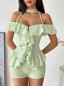 Flirla Set de 2 piezas con top de camiseta con bajo asimétrico con volantes y shorts ajustados de cintura baja para mujer, para primavera/verano