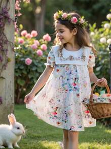 Vintaside Kids Young Girl Cute Rabbit Allover Print Puff Sleeve Dress - Multicolor - View 10
