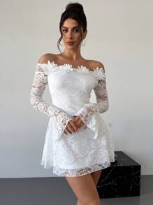 Firerie 情人节优雅浪漫约会花卉 3D 流苏蕾丝露肩收腰 A 字形白色连衣裙 - 白色 - 查看 5