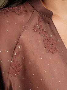 Anewsta 大码女式优雅刺绣长袖立领透明水钻装饰宽松衬衫，适合情人节、暑假、新年 - 咖啡棕 - 查看 3