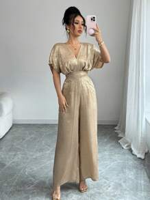 Rafferiza Elegant Loose Metallic Shirred V Neck Dolman Sleeves Gathers Waist Pleated Solid Color Jumpsuit - Gold - View 1