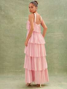 L'Amorae Vestido largo maxi elegante y fluido de un solo tono con cuello de halter y volantes