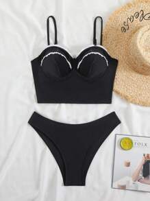 SHEIN Swim 2pcs/Set Women's New Fashion Solid Color Spaghetti Strap Frill Trim Wire Bikini Set, Springbreak Festival Boho Style, Summer Beach Vacation
