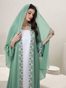 Al Najma Spring/Summer Kaftan With Headscarf, Lapel, Floral Trim Bell Sleeves, Flowing Maxi Silhouette, Arabic Style Robe, Modest Abaya - Green - View 6