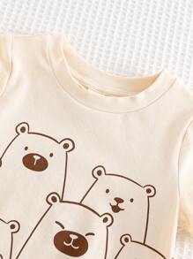 Cozy Pixies 2 stuks Baby Boy Cartoon Bear Patroon Gebreide Zachte Ronde Hals Korte Mouw Pullover Top En Effen Kleur Elastische Taille Shorts Set