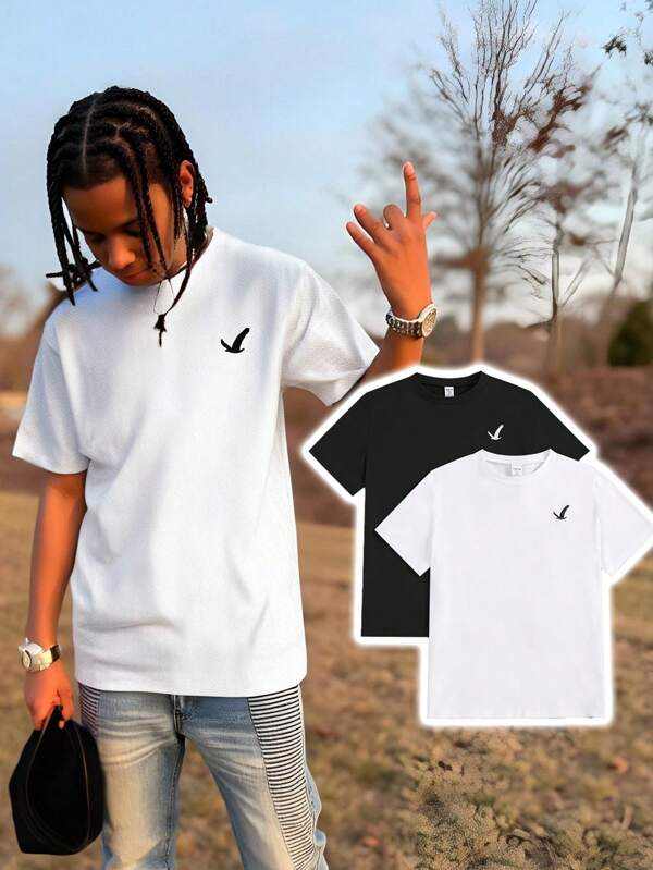 SHEIN 2 peças Camiseta de Manga Curta com Bordado de Pássaros Voando para Meninos Adolescentes, para o Verão