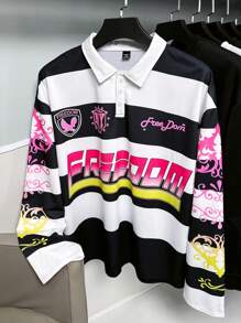 Manfinity EMRG Men's Young Streetwear And Collegiate Sports Style, Featuring A Long-Sleeve Polo Shirt With A High-Street Design In Black And White Stripes And Neon Pink And Yellow Contrasting Text Patterns. The Shirt Has A Button Placket And Is Adorned With A Badge Pattern On The Chest. This Piece Embodies Street Fashion And Y2K Aesthetics, Making It A Stylish Gift Idea For Boyfriends Or Husbands. NEW YORK - Multicolor - View 2