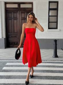 Pariaura Damen einfaches geraffte rotes Bandeau-Kleid, legale Alltagskleidung für den Sommer - Rot - Übersicht 3