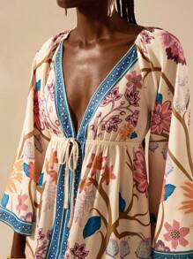 CAJUNI Women's Boho Tropical Colorful Print, Holiday Casual Lantern Sleeve Long Sleeve V-Neck Backless Long Dress