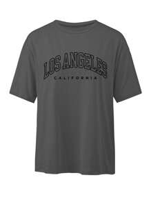 洛杉矶加州风女式宽松圆领休闲字母图案印花 T 恤 - 灰色 - 查看 3