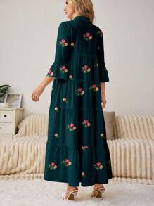 Al Najma Đầm hoa tay dài xếp nếp cổ chữ V cho nữ, phù hợp cho mùa thu - màu xanh lá - Xem 2