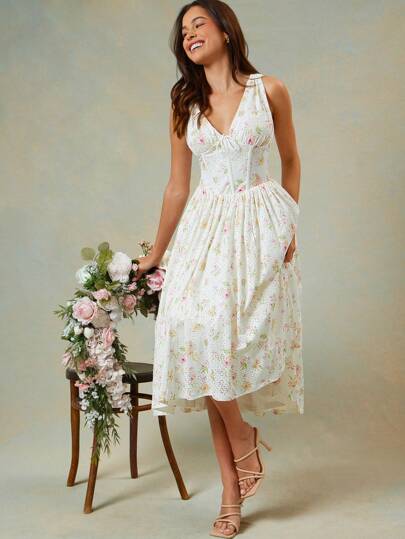 L'Amorae Women's Elegant Sleeveless Floral Eyelet Corset Fit And Flare Tie Front Summer Midi Sun Dress, Summer Outfits For Women, Vacation Outfits For Women, Birthday Outfits