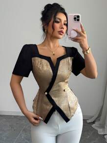 Elenzga 女士时尚优雅短袖衬衫，方领，二合一，斜襟，假纽扣，金属色，对比色拼接编织，春夏