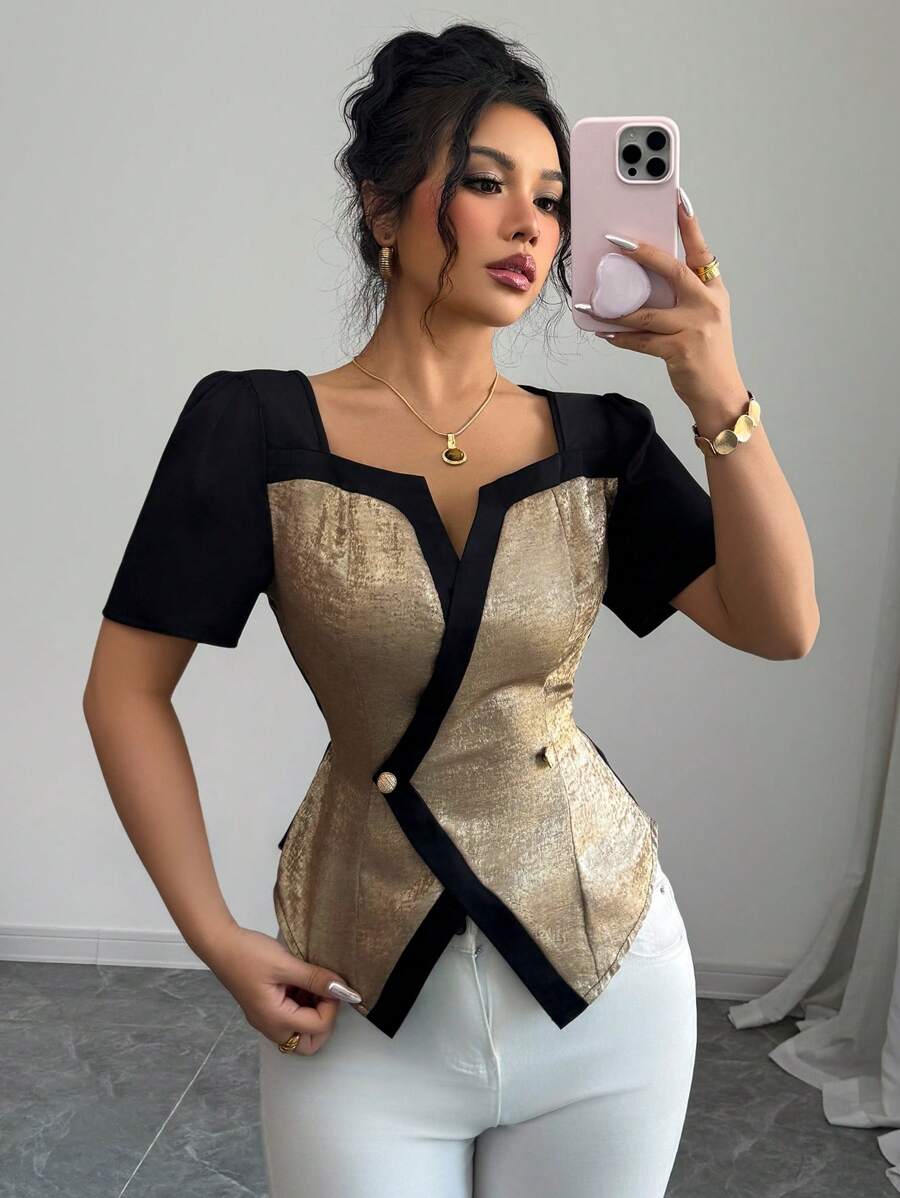 Elenzga 女士时尚优雅短袖衬衫，方领，二合一，斜襟，假纽扣，金属色，对比色拼接编织，春夏