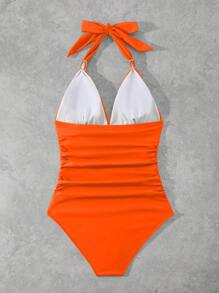 Swim Lushoire Women's Solid Color Ruched Halter One-Piece Swimsuit For Beach/Resort For Summer Beach Vacation