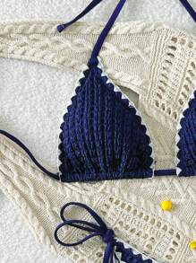 Swim Vcay 春假女士新款夏季纹理纯色泳装套装，细肩带、露背、侧系带泳裤，海滩度假比基尼 - 藏蓝色 - 查看 4