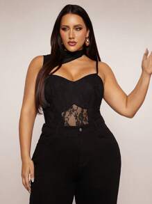 SHEIN BAE Plus Size Women's Summer Black Sheer Lace Mesh Patchwork Sleeveless Bodysuit, Suitable For Commuting, Vacation, Summer, Young Fashion Bodysuit. Beach Vacation Bodysuit, Graduation Season, Birthday, Party, Mother's Day - Black - View 4