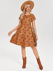 SHEIN LUNE 女士圆领短袖橙色提花浪漫假日迷你连衣裙，春夏 - 橘色 - 查看 3