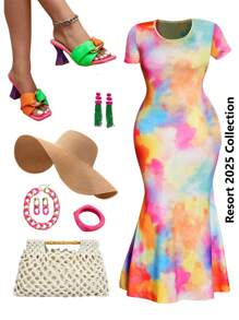 Slaydiva 2025 New Style/Rave/Easter Outfit Women/Old Money Style Women/Country Concert Outfit/Going Out Outfits/Fairycore/Festival Outfits/Tropical Vacation Women's Clothes/Summer Outfits For Women/Summer/Rave/European Summer/Spring Outfits/Western Wear Women Plus/Concert/Graduation Outfit/Versatile Daily All-Match Casual Sexy/Minimalist Plus Size/Western Wear Women Plus/Casual Tie-Dye Print Short Sleeve Maxi Dress - Multicolor - View 3