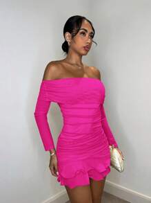 SHEIN BAE Vestido mini elegante y dulce de manga larga con hombros abiertos, volantes exagerados en el bajo, de punto de malla color albaricoque sólido, escote con fruncido sexy, apropiado para tomar el té, salidas de moda, citas, salidas dulces, salidas nocturnas, vestido de fiesta de Navidad, vestido de Nochevieja, atuendos de mujer para vacaciones, vestido de manga larga, atuendos de mujer sexy, atuendos de mujer para club