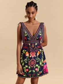 Travachic Robe mini à encolure en V avec épaules dénudées imprimée, tissée pour femmes