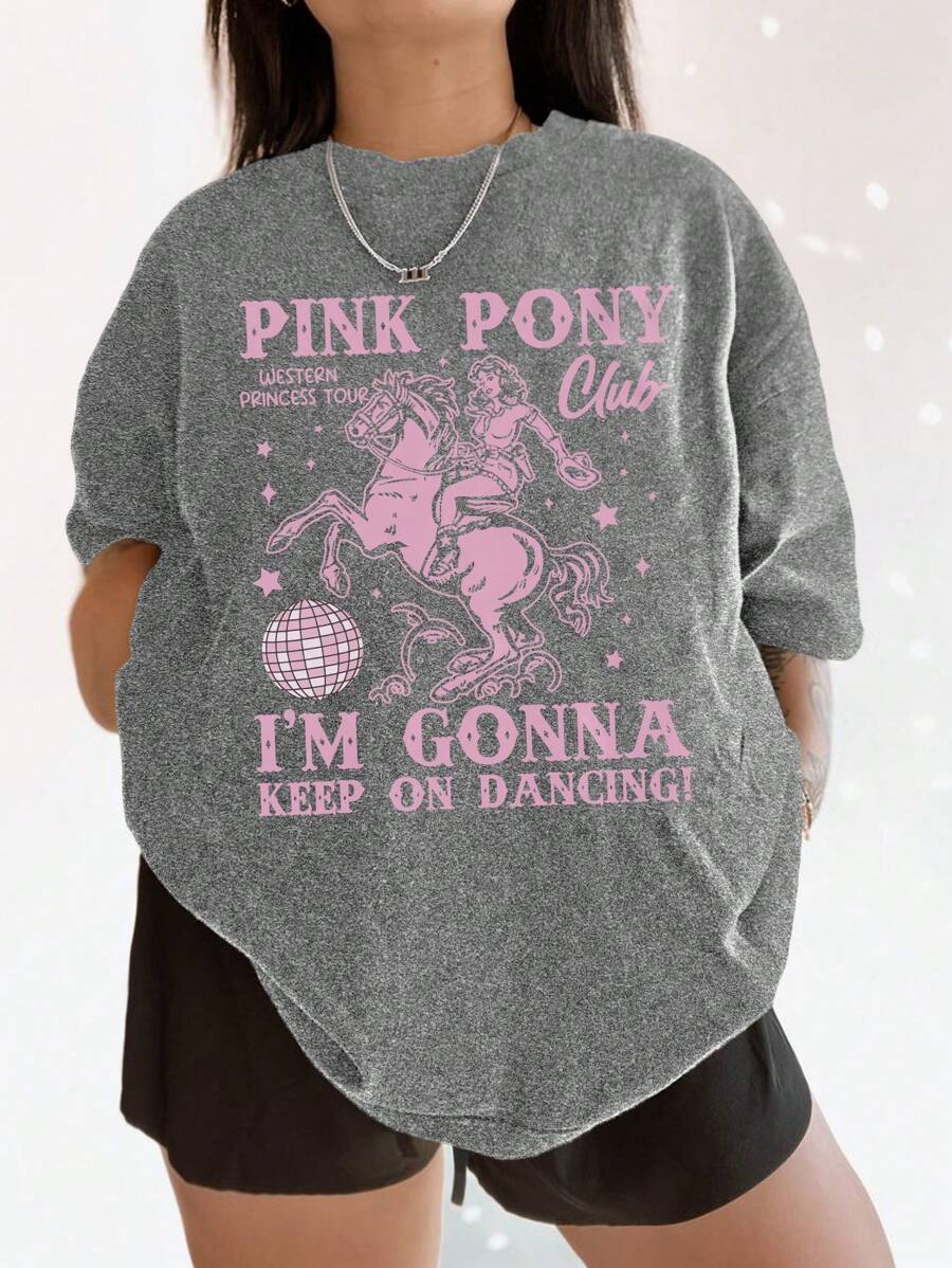 INAWLY 大码圆领宽松短袖休闲度假上衣，复古西部牛仔女图案 T 恤，百搭夏季女装 - 深灰色 - 查看 1