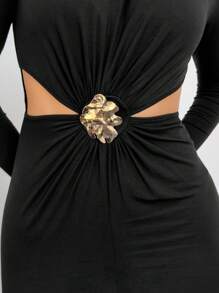 Aloruh Women's Sexy Fashionable Elegant High Collar Side Hollow Front Center Metal Button Decoration Slim Black Long Sleeve Dress Christmas Party Women Dress New Year Eve Dress Christmas Dress Thanksgiving Dress Holiday Dress New Years Dress Christmas Party Dress Party Women Dresses