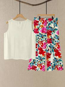 EMERY ROSE 2pcs/Set Women Plus Size Sleeveless Crew Neck Outfit, Suitable For Summer - Hot Pink - View 4