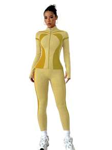 SHEIN Sport Studio Women's Contrast Color Long Sleeve Zipper Jacket And Pants Sports Suit Women Outfit Sets