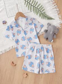 2 pièces/Set Haut à manches courtes et shorts gris imprimé éléphant pour jeune fille, tenue de maison décontractée et mignonne - Gris - Voir 3
